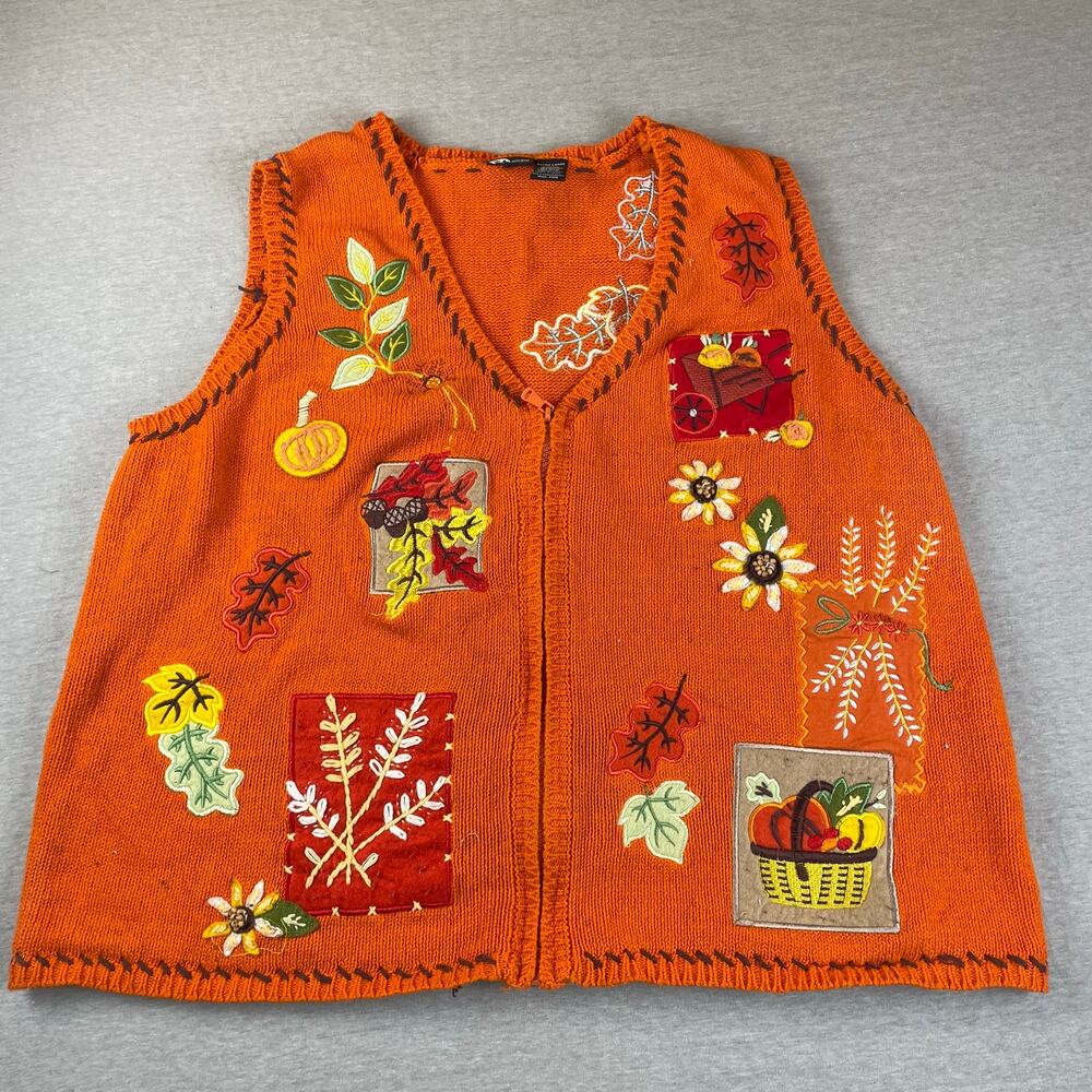 Holiday Editions Fall Knit Vest XL Autumn Orange Embroidered Pumpkins Leaves